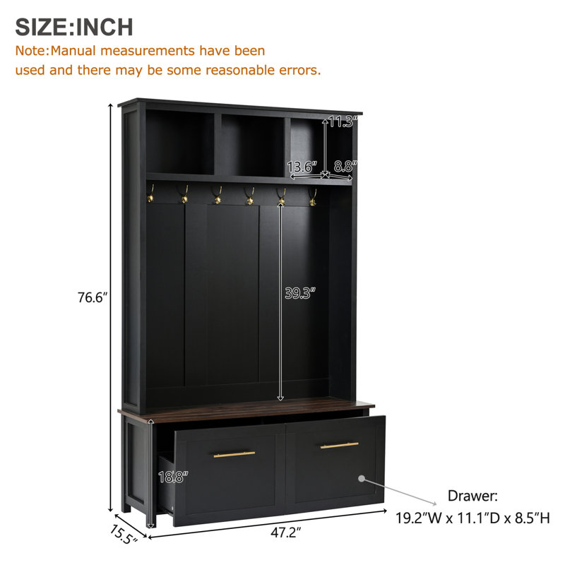 Arbre d'entrée 4 en 1 polyvalent avec crochets, banc, rangement et tiroirs - H 76,6 po, Noir