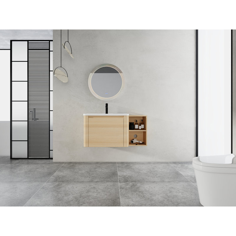 Meuble-lavabo mural moderne avec lavabo en céramique, rangement, finition chêne