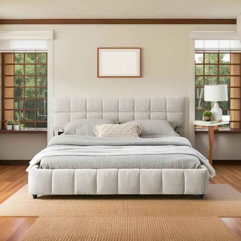 Structure de lit tapissier en chenille moderne avec tiroirs de rangement, Beige, Grand lit