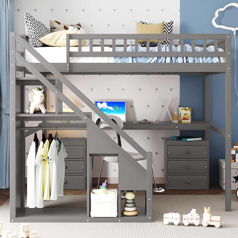 Wooden Loft Bed With Drawers, Desk And Light Strip For Teens Adults, Gray, Full