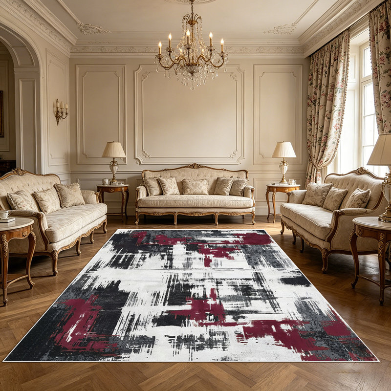 1PC Modern Abstract Distressed Brushstroke Burgundy Black and White area rugs for Living Room, Soft and Comfortable, easy-to-maintain, machine washable Indoor floor mat suitable for dining table area, bedroom, home office, entryway, kitchen, patio.