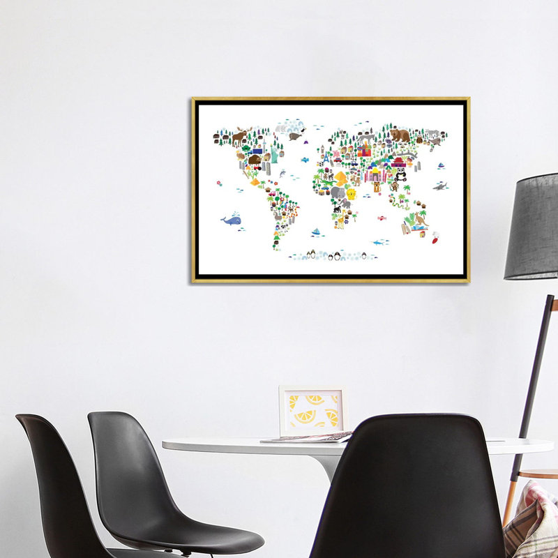 « animal map of the world » par michael tompsett-print, H 32 po x l 48 po x P 1,5 po, Toile encadrée d'or
