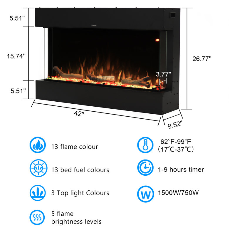 3 Sided Recessed and Wall-mounted Electric Fireplace Insert, 5 Flame Speeds, 13 Fuel Bed & Flame Colour Options,authentic Log Burning Sound, 9h Timer