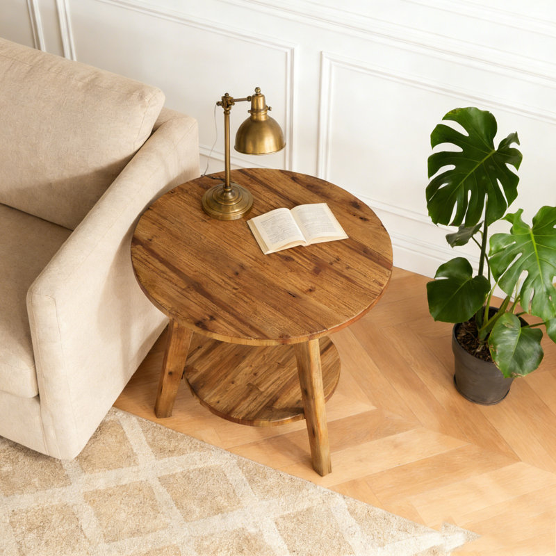 Table de bout ronde en bois massif avec tablette de rangement Farmhouse