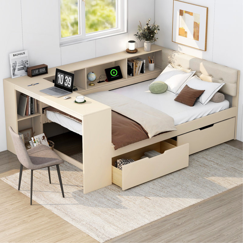 Lit plateforme en bois avec tablettes de rangement, Double