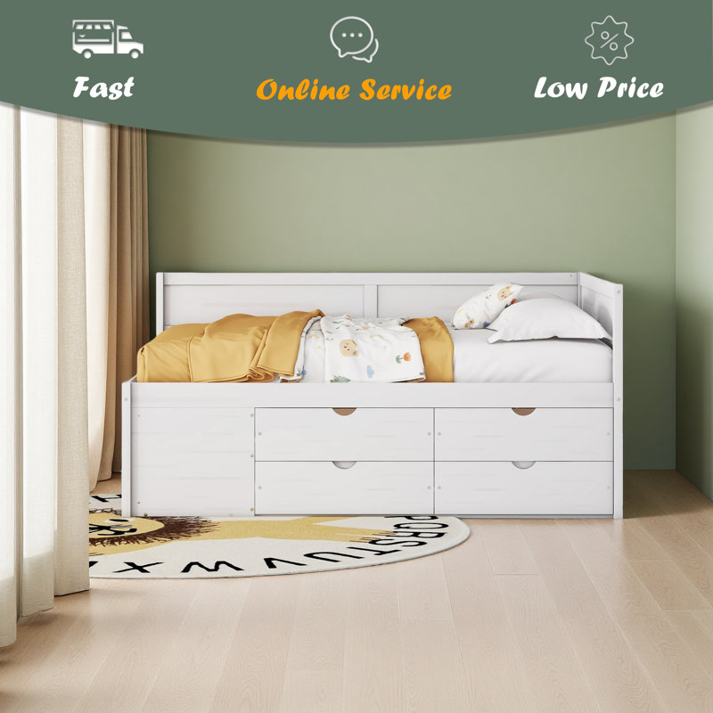 Daybed With Drawers And Shelves, White, Full / Double