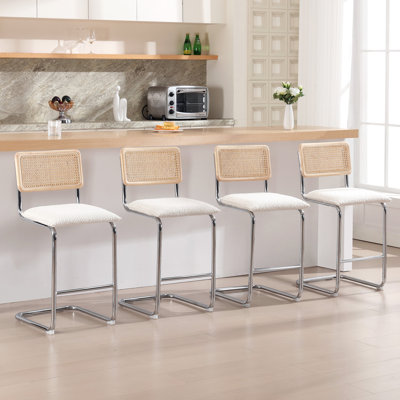 Ambrine Low Back Boucle Upholstered Counter/Bar Stool with Rattan Back and Steel Sled Frame