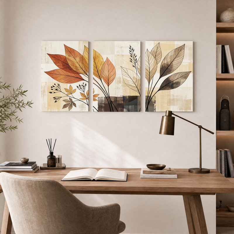 Ensemble de 3 toiles murales patchwork à motifs de feuilles botaniques rouille et beige, H 18 po x l 12 po x 3 pièces