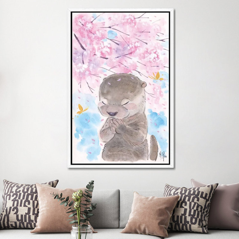 Cherry Blossom Wishes - Otter by Martin Hsu - Painting on Canvas, 152.5 cm H x 101.5 cm W, White Framed