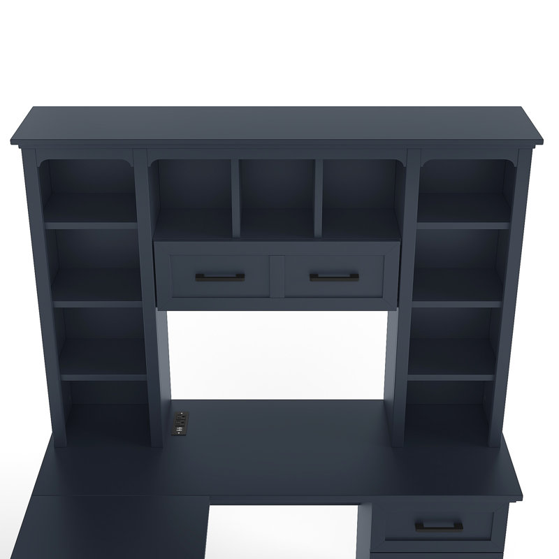 Bureau d'ordinateur antique en forme de L bleu avec 2 armoires, tiroirs, 11 tablettes, 1 tablette rabattable et prise de courant pour un travail confortable dans des tablettes ouvertes