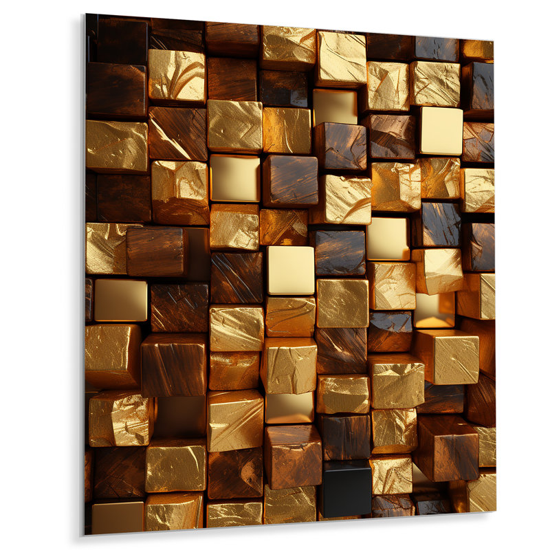 «Black and Gold Abstract Cubes II», art mural géométrique en métal, H 40 po x l 30 po x P 1,5 po