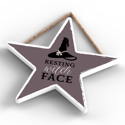 Resting Witch Face Wooden Star Plaque
