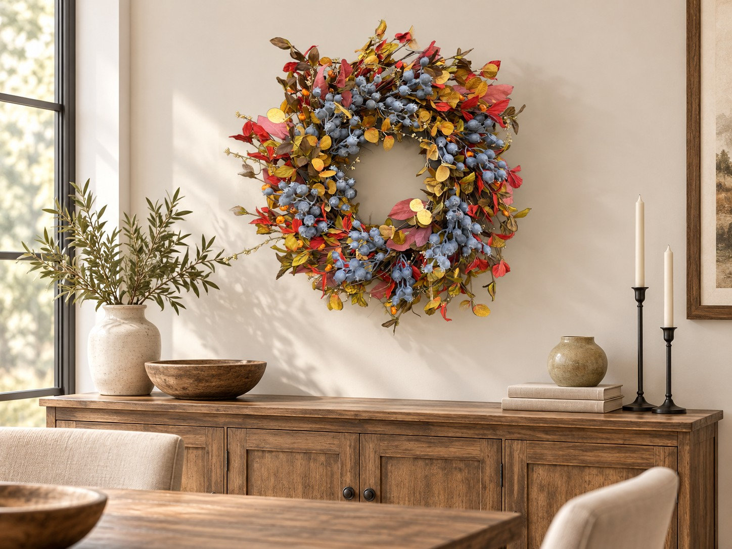 24" Artificial Rustic Fall Foliage Leaves Berry Autumn Twig Wreath for Front Door Thanksgiving Decor, Orange;Blue