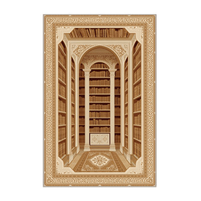 Machine Washable Pavni Library Interior Classic Oriental Rug in Brown – Beige Binding