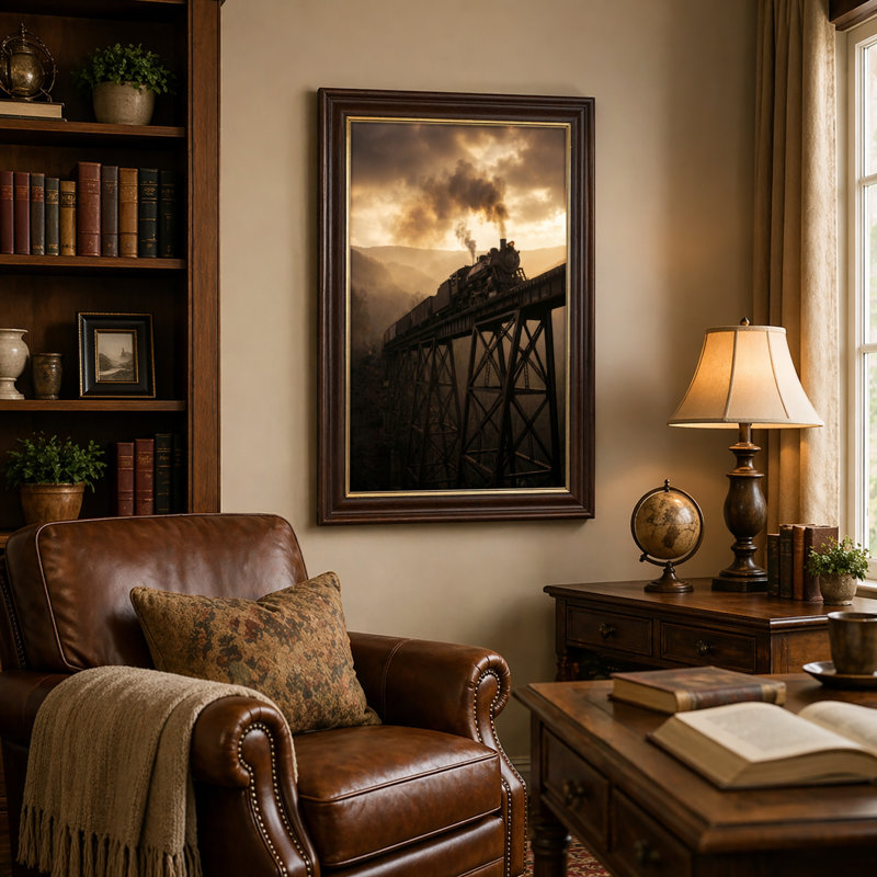 Art mural antique sur toile encadré doré pour le salon, la chambre à coucher, le bureau ou le vestibule - Décoration murale décorative avec train à vapeur