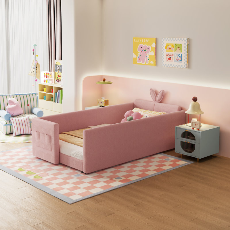 Twin Size Upholstered Platform Bed With Cute Rabbit Ear Shaped Headboard, Safety Rail, And Convenient Storage Pocket, Boucle Fabric – Perfect For Kids' Bedroom