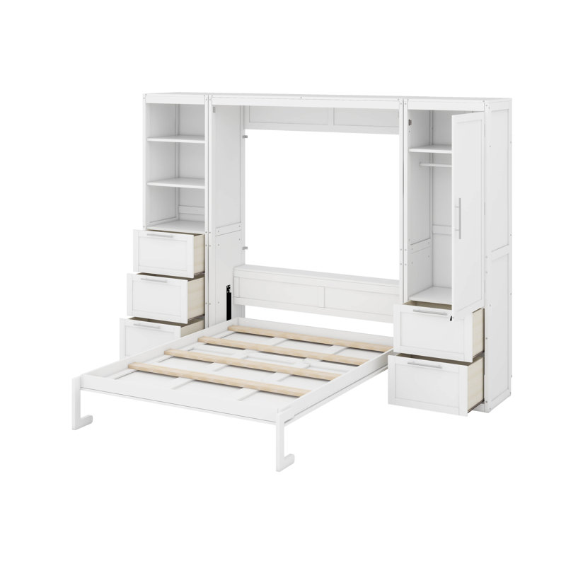 Grand lit escamotable avec tiroirs et tablettes, Blanc