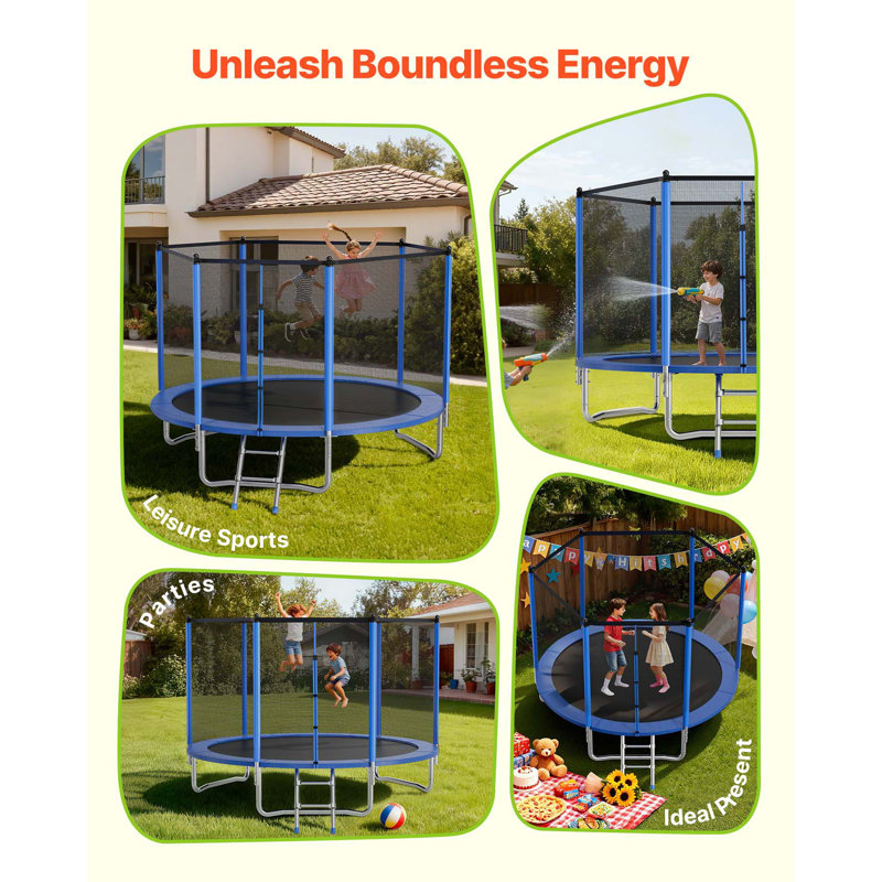 Outdoor Trampoline, 10FT Round Recreational Trampoline with Enclosure Net, Max 330 lbs Weight Capacity, ASTM Approved, Heavy-Duty Trampolines, Anti-Rust Backyard Trampolines for Kids & Adults