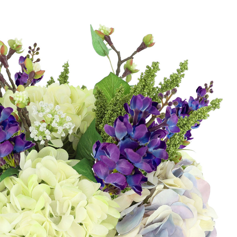 Faux Floral Arrangement with Hydrangeas and Heather, Purple, 18" H x 15" W x 15" D