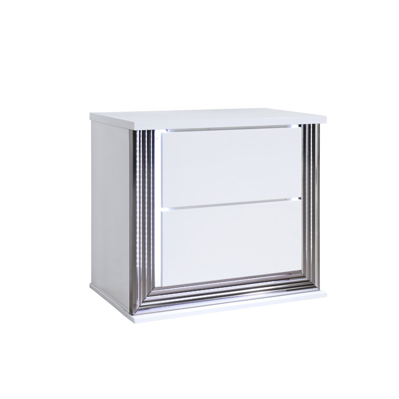 Table de chevet blanche brillante avec DEL, créant un look de chambre à coucher moderne en blanc, un attrait sophistiqué et contemporain pour votre