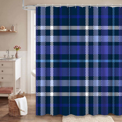 Plaid Check Checkered Fabric Shades Blue Shower Curtain with 12 Hooks