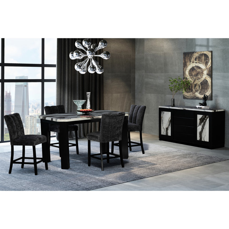 Table de salle à manger rectangulaire gris foncé, base à 4 pieds, plateau épais, 6 sièges, table de bar moderne et captivante