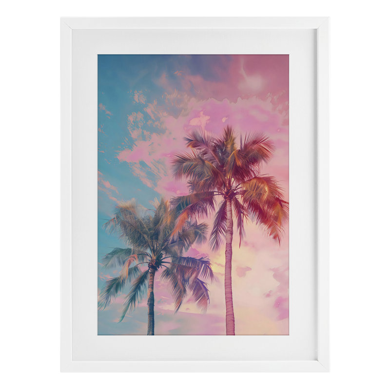 «Sunset Palm Dream», reproduction sous verre encadrée, design par LSR Design Studio, H 23 po x l 17 po, Cadre blanc côtier