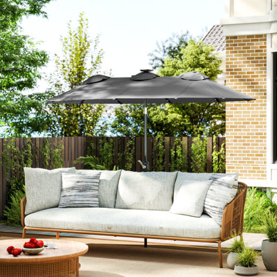 Outsunny Double Sided Patio Umbrella, 9.7' Large Outdoor Market Umbrella with LED Solar Light, Tilt and Crank, 3 Air Vents and 12 Ribs, for Garden, Deck, Pool, Gray