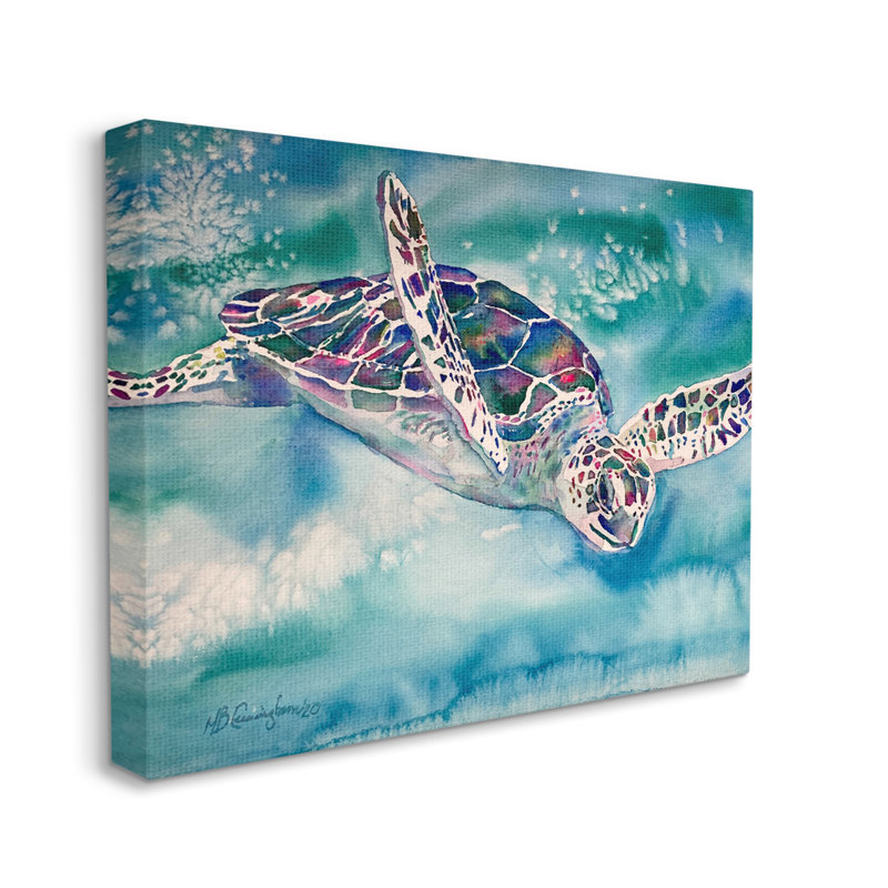 Tortue de mer nageant dans l'eau, aquarelle, reptile par MB Cunningham - Peinture, H 16 po x l 20 po x P 1,5 po, Toile tendue