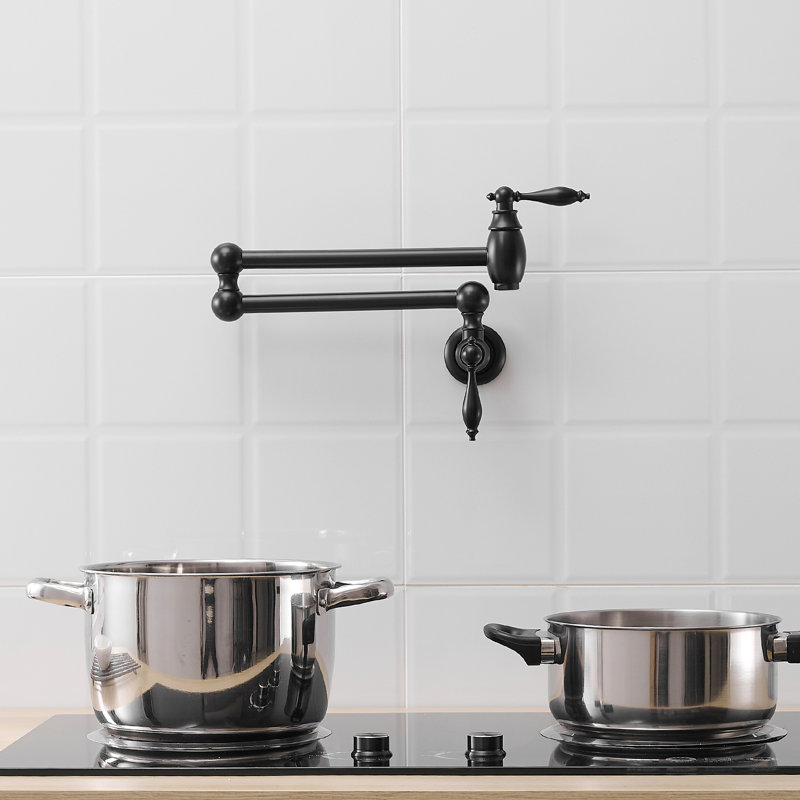 Wall Mounted Pot Filler Faucet, Brass Kitchen Faucet With Double Joint Swing Arms, Matte Black, Classic Style, Safe And Leak - , Ceramic Valves, Smooth Operation Nickel Finish, Stretchable 360