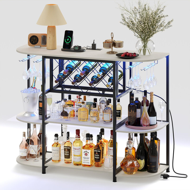 Wine Bar Cabinet with Power Outlet & LED Lights, 4-Tier Storage Bar Table with Glass Holder for Home, White