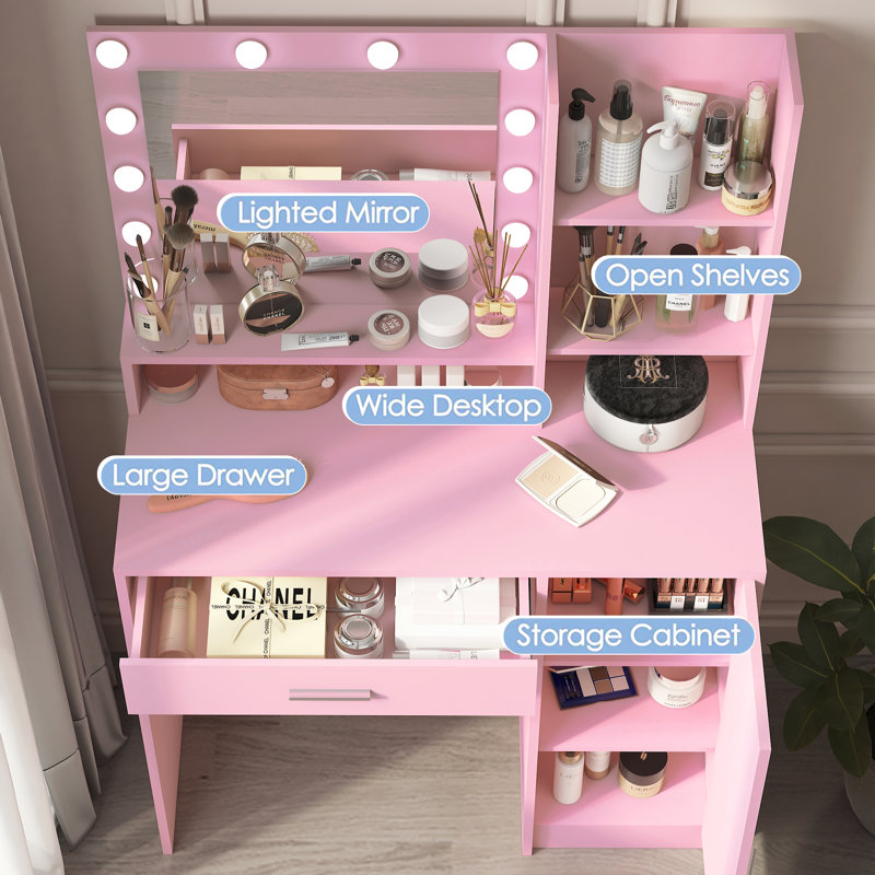 Vanity Desk With Mirror & Light, Large Drawer Three Level Storage Dresser