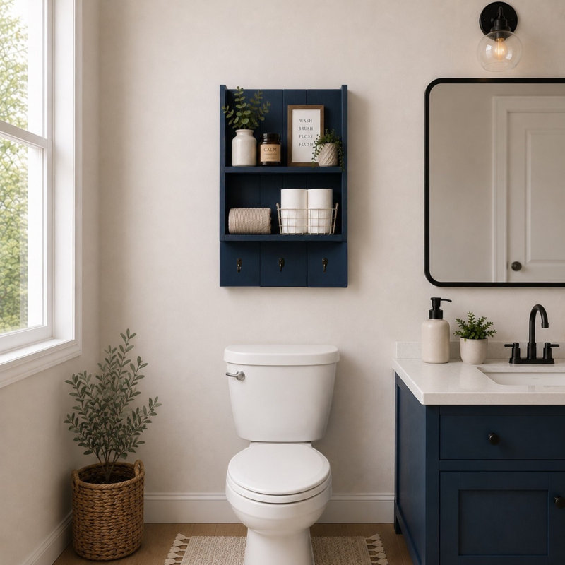 Étagère de salle de bain avec crochets Burkstone | Organisateur de rangement mural rustique | Bleu marine, Marine