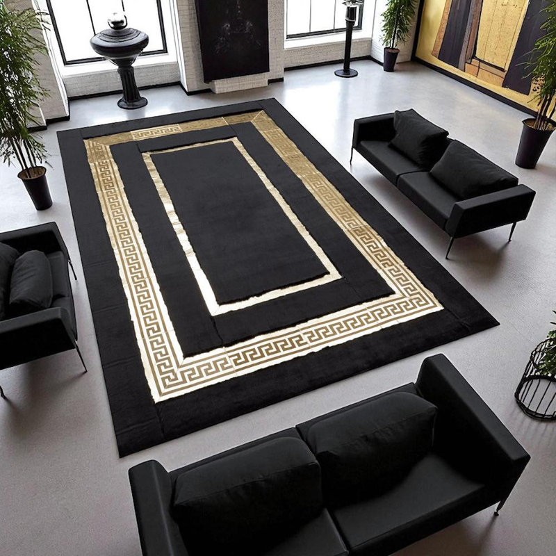 Modern Black Plush Rug With Gold Details