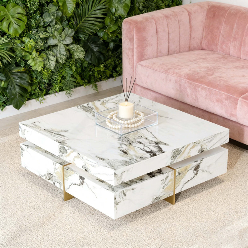 Table basse moderne carrée texturée en marbre avec 4 tiroirs et base suspendue, blanc, 43,3 po