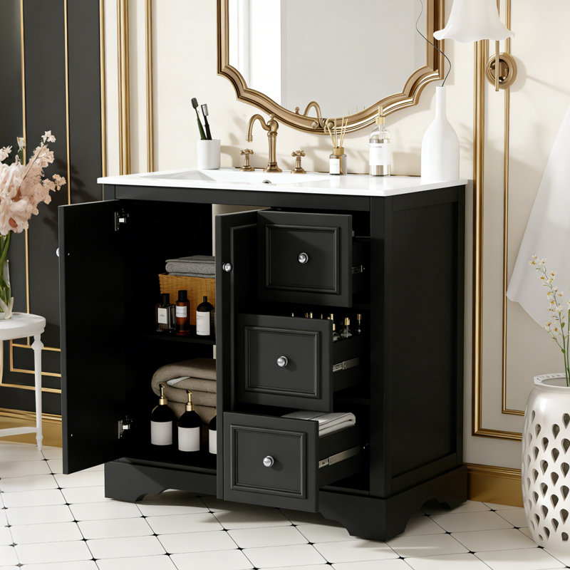 Meuble-lavabo transitionnel 36 po - lavabo en céramique, 2 portes à fermeture douce, tablette en U réglable, 3 tiroirs (1 cloison)