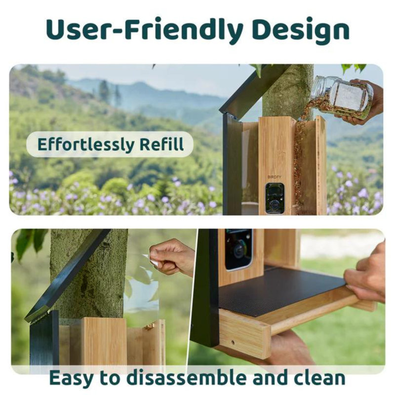 Birdfy Solar Powered Bamboo Smart Bird Feeder AI Lifetime Free  With Motion Detection Wireless Camera, Black