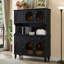 Tall Solid Wood Sideboard in Black with Arched Glass Doors, Vintage Two-Tier Storage Cabinet-421655739