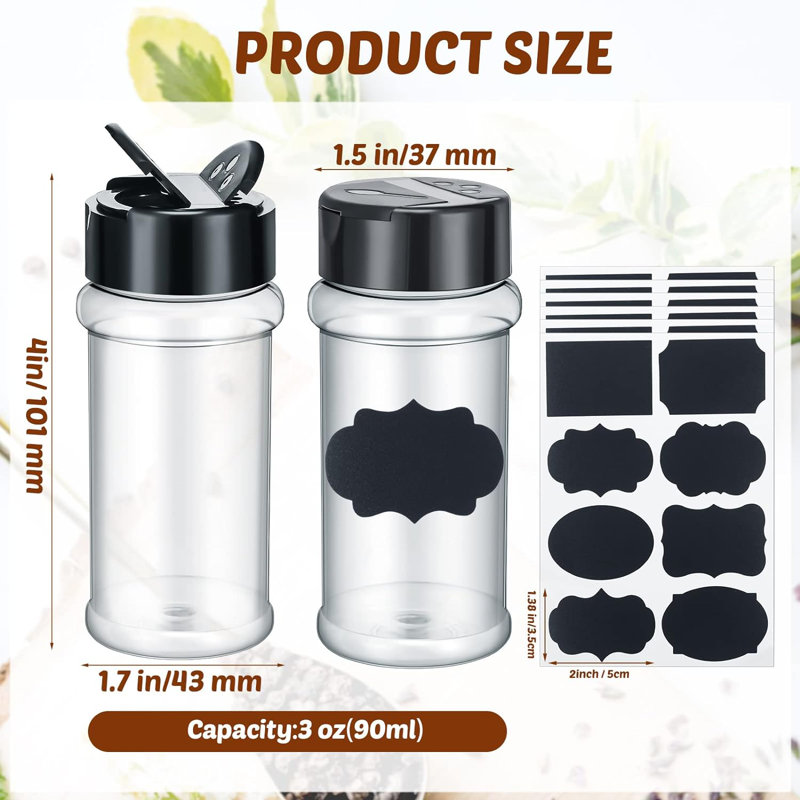 Paquet de 36 pots à épices en plastique transparent de 3 oz avec étiquettes et capuchons de shaker, bouteilles d'épices vides
