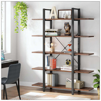 5-Tier Rustic Brown Vintage Industrial Wide Bookshelf