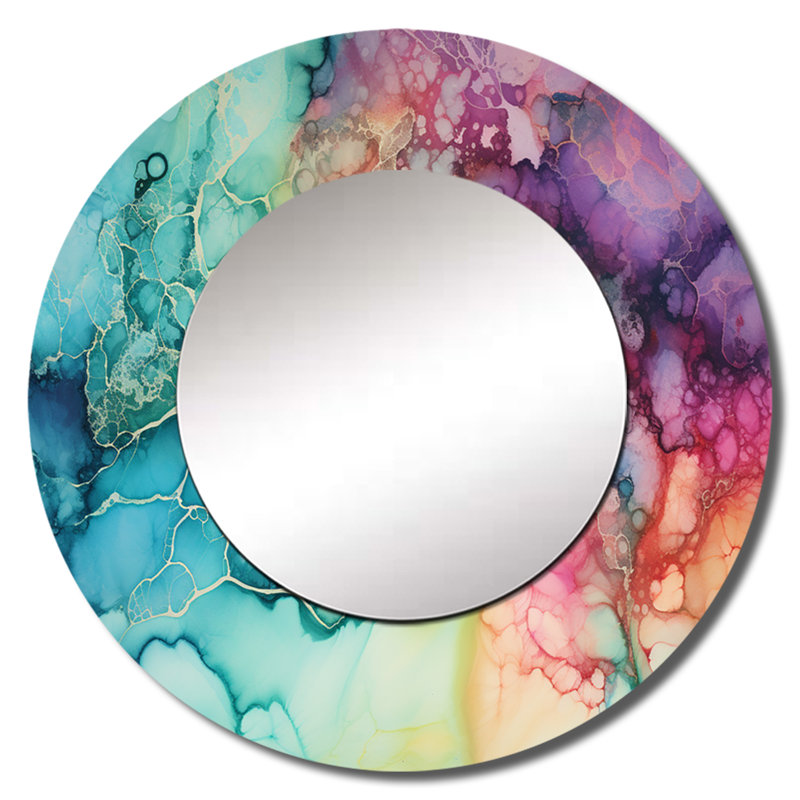 Teal mauve Borealis encre liquide Lansdcape - miroir décoratif aurore boréale, miroir mural rond bleu, impression d'art en métal