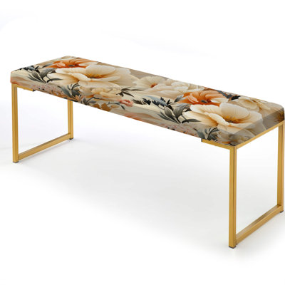 Sandy Beige Peonies Mirage Peach - Floral Upholstered Gold Bench