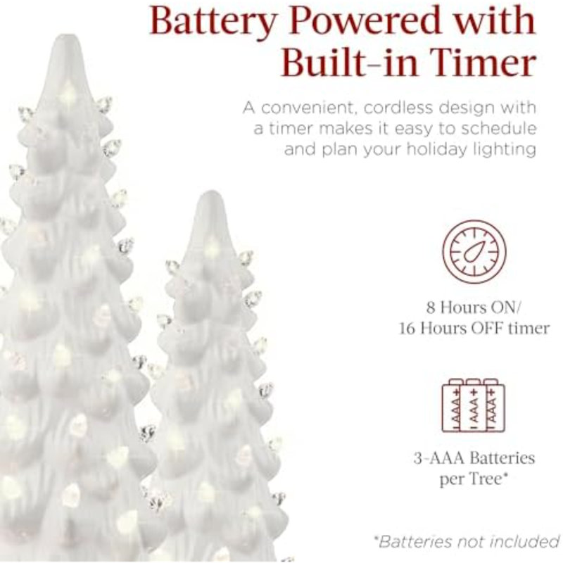 Ensemble de 3 sapins de Noël en céramique, décorations de table préilluminées et peintes à la main avec ampoules blanc chaud et lumières DEL blanches.