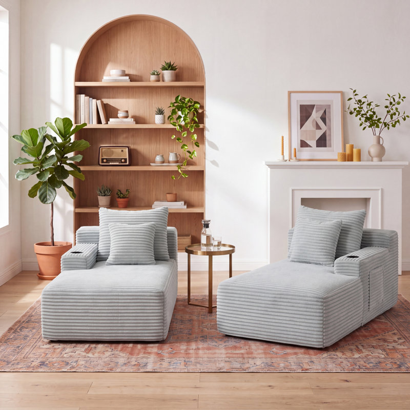 Canapé modulaire modulaire en velours côtelé avec assise profonde, porte-gobelets et poches de rangement latérales, sans assemblage