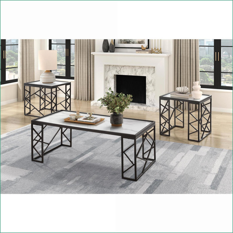 Ensemble de 3 tables basses modernes avec dessus en verre et marbre blanc Cadre en métal noir pour le salon, assemblage facile