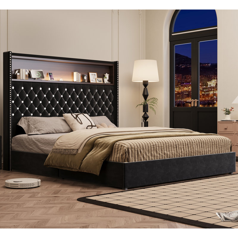 Structure de lit grand format en velours capitonné avec USB et veilleuse, tête de lit 52 po, lit plateforme à oreilles, noir