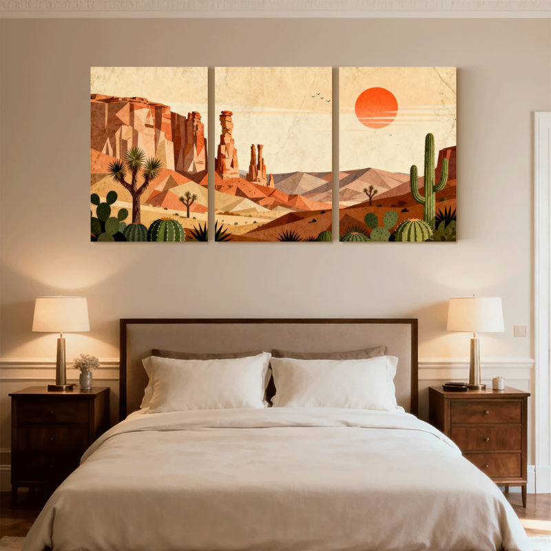 «Landscape & Nature Desert Landscape with Cacti and Rock Formations», ensemble de 3 impressions d'art sur toile