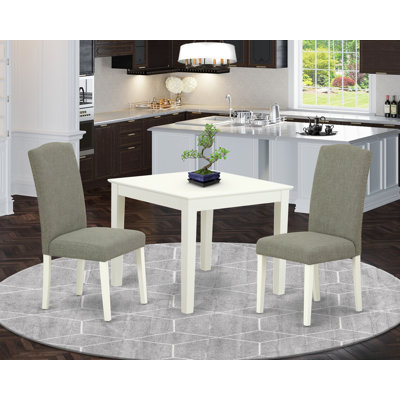 3 Piece Kitchen Table Set for Small Spaces Contains a Square Dining Room Table and 2 Dark Shitake Linen Fabric Upholstered Chairs, Linen White