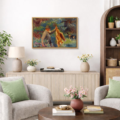 Hunter with Fox and Hunting Dogs in Forest Artwork, Bedroom Pictures, Framed Canvas Giclee Print Wall Art