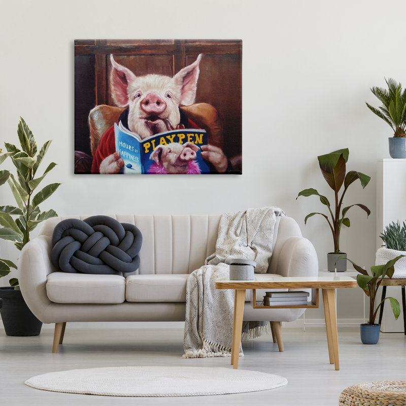 Drôle de cochon «Man Cave» par Lucia Heffernan - peinture sur toile tendue, H 36 po x l 48 po x P 1,5 po
